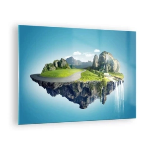 Schilderen op glas - Een drijvend eiland met bergen, een waterval en groen - 70x50cm - Fantastisch eiland - Moderne wanddecoratie voor woonkamer en slaapkamer ARTTOR