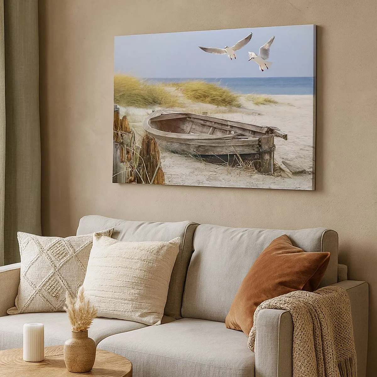 Schilderen op canvas - Verlaten boot op een strand met meeuwen - 70x50cm - Badend in de wind - Moderne wanddecoratie voor woonkamer en slaapkamer ARTTOR