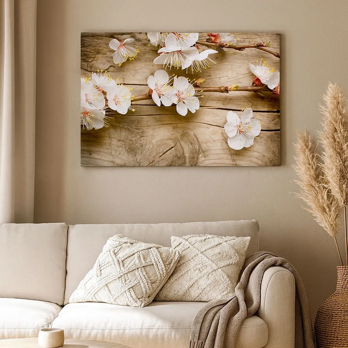 Schilderen op canvas - Takken van bloeiende kersenbomen op een houten plankachtergrond - 70x50cm - En het was lente - Moderne wanddecoratie voor woonkamer en slaapkamer ARTTOR