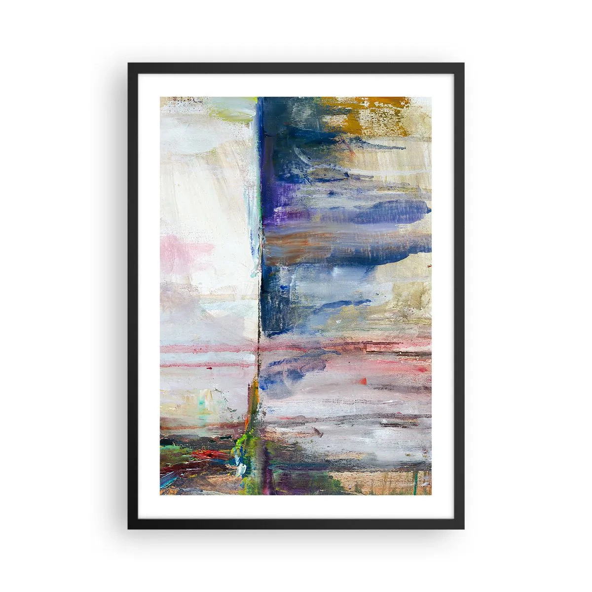 Poster in een zwarte lijst - Een abstracte compositie in tinten blauw, beige en roze. - 50x70cm - Kleurrijke impressies en associaties - Moderne wanddecoratie voor woonkamer en slaapkamer ARTTOR