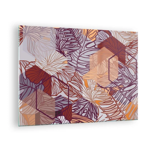 Schilderen op glas - Grafische bladeren tegen een achtergrond van geometrische vormen - 70x50cm - Onmogelijke relatie tussen geometrie en natuur - Moderne wanddecoratie voor woonkamer en slaapkamer ARTTOR