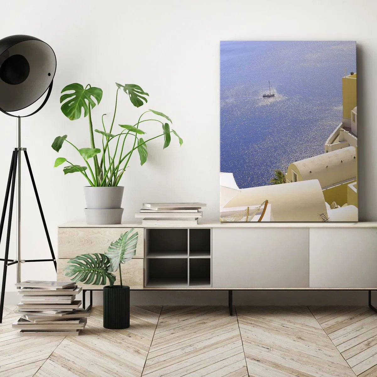 Schilderen op canvas - Grieks landschap in wit en blauw - 70x100 cm