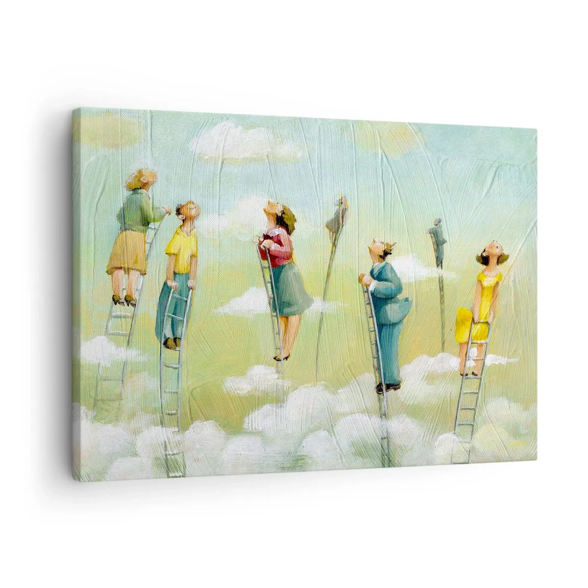 Schilderen op canvas - Figuren beklimmen ladders tussen de wolken op een pastelkleurige achtergrond. - 70x50cm - Achter je droom - Moderne wanddecoratie voor woonkamer en slaapkamer ARTTOR