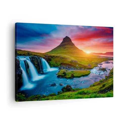 Schilderen op canvas - Schilderachtige waterval en berg bij zonsondergang - 70x50cm - IJsland - vuur en water - Moderne wanddecoratie voor woonkamer en slaapkamer ARTTOR