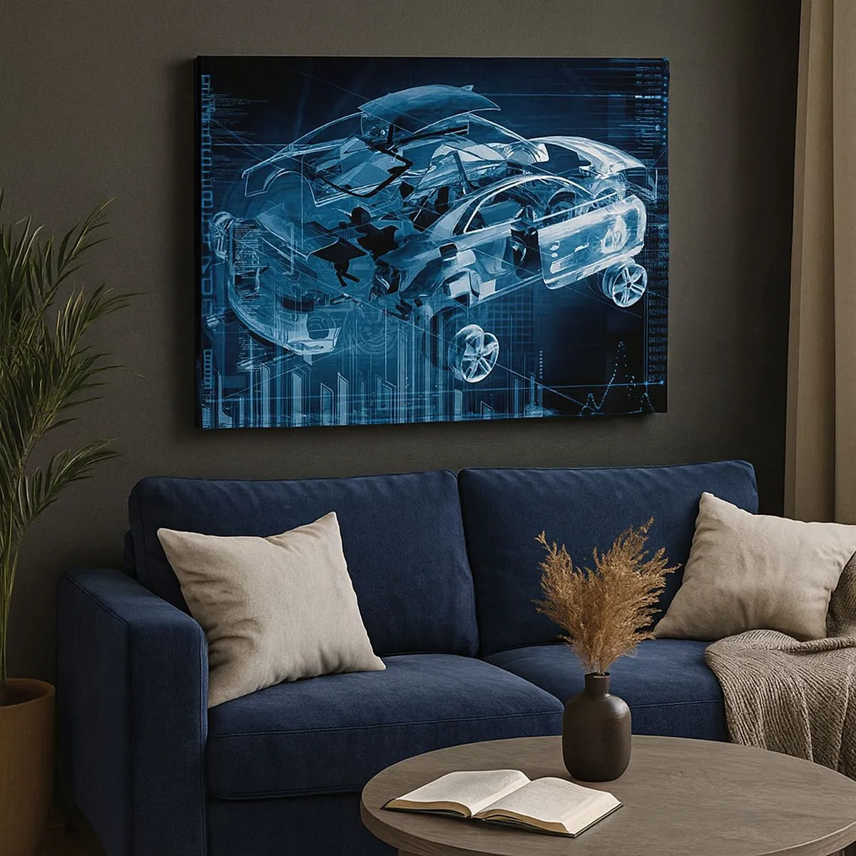 Schilderen op canvas - Een moderne technische tekening van een auto met structurele elementen - 70x50cm - Technische anatomie - Moderne wanddecoratie voor woonkamer en slaapkamer ARTTOR