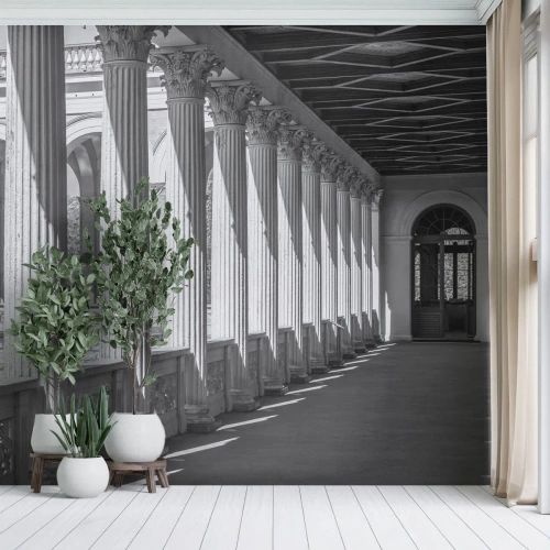 Fotobehang Premium Canvas - Zonnige arcade - Kolommen, Architectuur, Klassiek - 100x70 cm