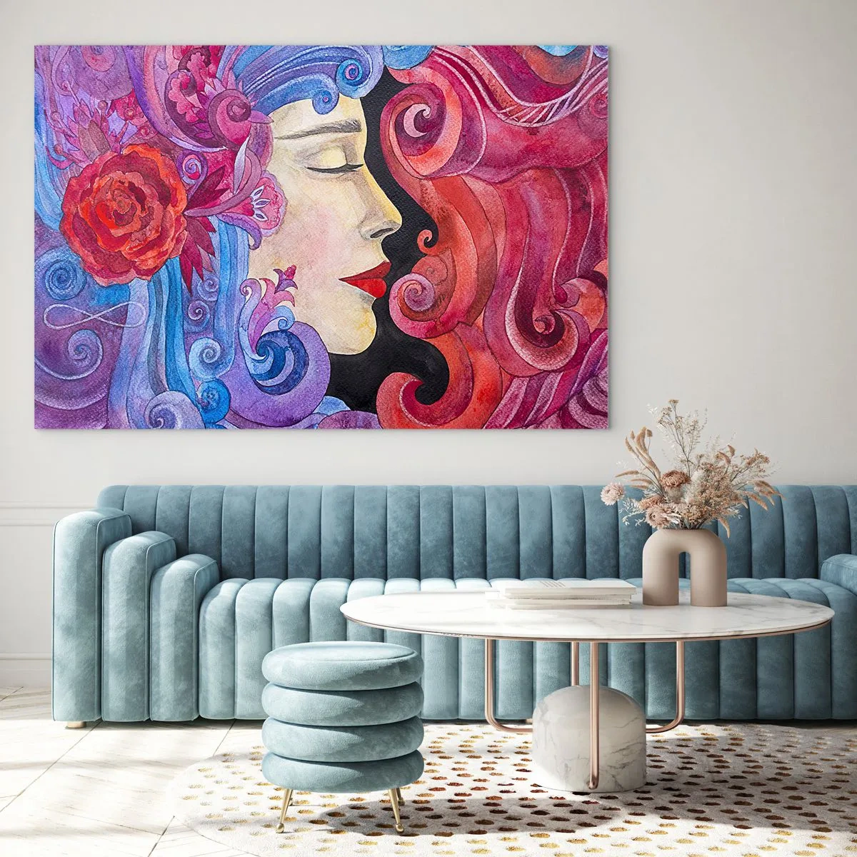 Schilderen op glas - Kleurrijk portret van een vrouw in Art Nouveau-stijl met rijke versieringen - 70x50cm - De Art Nouveau leeft nog - Moderne wanddecoratie voor woonkamer en slaapkamer ARTTOR