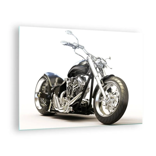 Schilderen op glas - Een zwarte choppermotorfiets op een lichte achtergrond - 70x50cm - Kracht met karakter - Moderne wanddecoratie voor woonkamer en slaapkamer ARTTOR