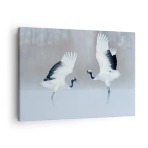 Schilderen op canvas - Twee kraanvogels dansen in een mistig landschap - 70x50cm - Dans in de mist - Moderne wanddecoratie voor woonkamer en slaapkamer ARTTOR