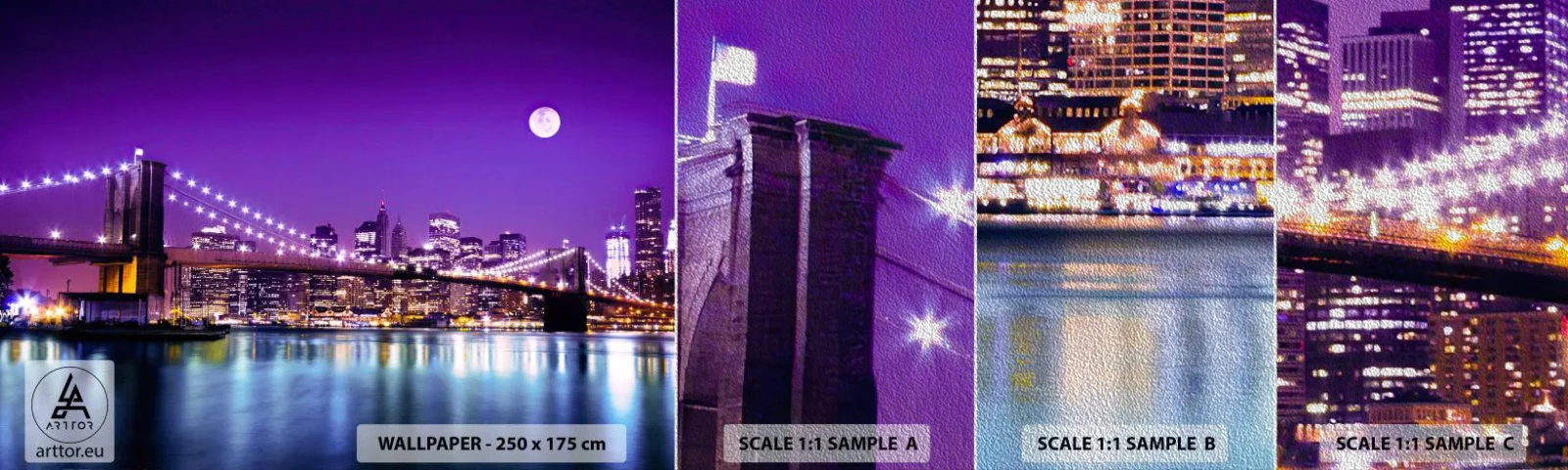 Fotobehang Monster Premium Sand - De lichten van de grote stad in paars - Stad, New York, Brooklyn Bridge - 100x30 cm