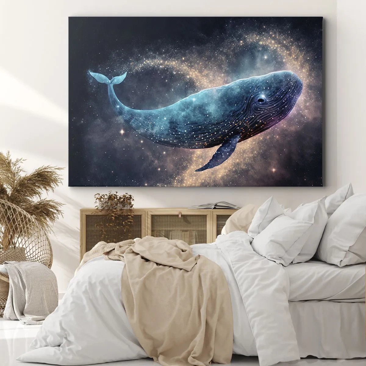 Schilderen op canvas - Een ruimtewalvis met een sterrenstelsel op de achtergrond - 70x50cm - Er is zo’n wereld… - Moderne wanddecoratie voor woonkamer en slaapkamer ARTTOR
