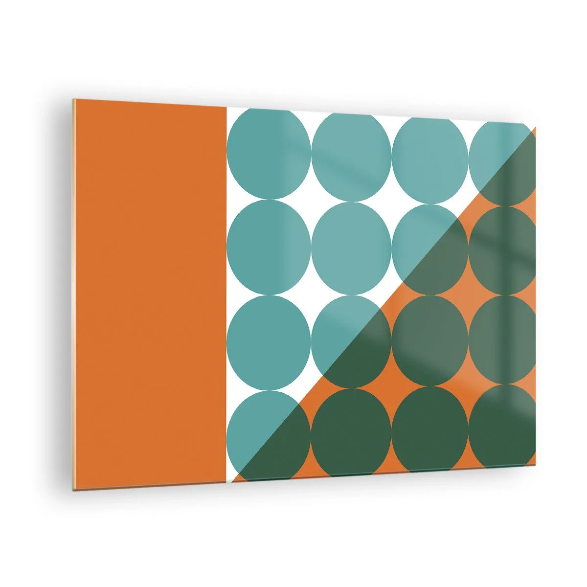 Schilderen op glas - Abstracte geometrische compositie met cirkels en een driehoek - 70x50cm - Omhoog en diagonaal - Moderne wanddecoratie voor woonkamer en slaapkamer ARTTOR
