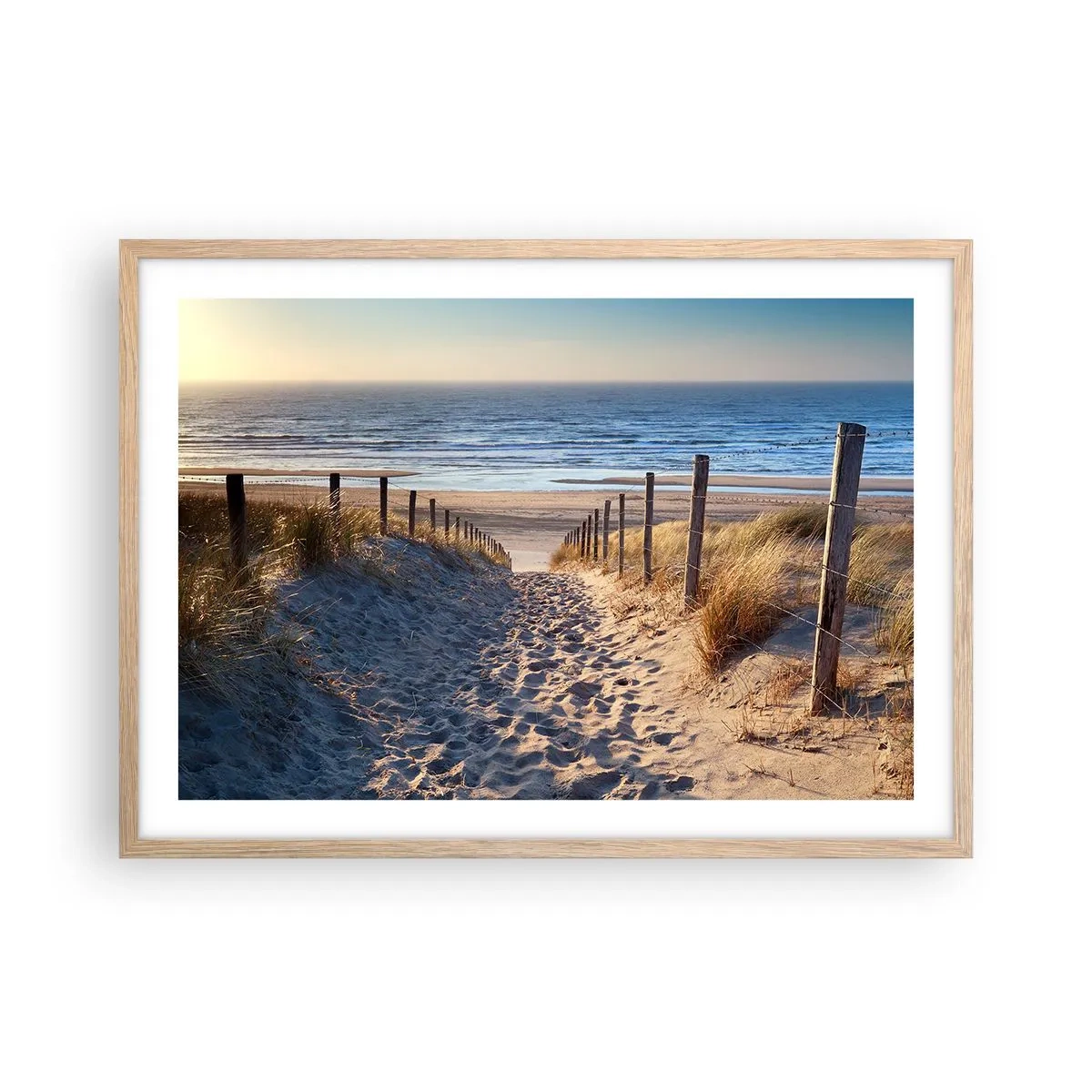 Een poster in een licht eiken lijst - Het geluid van de zee, het zingen van vogels, een wild strand tussen het gras... - 70x50 cm