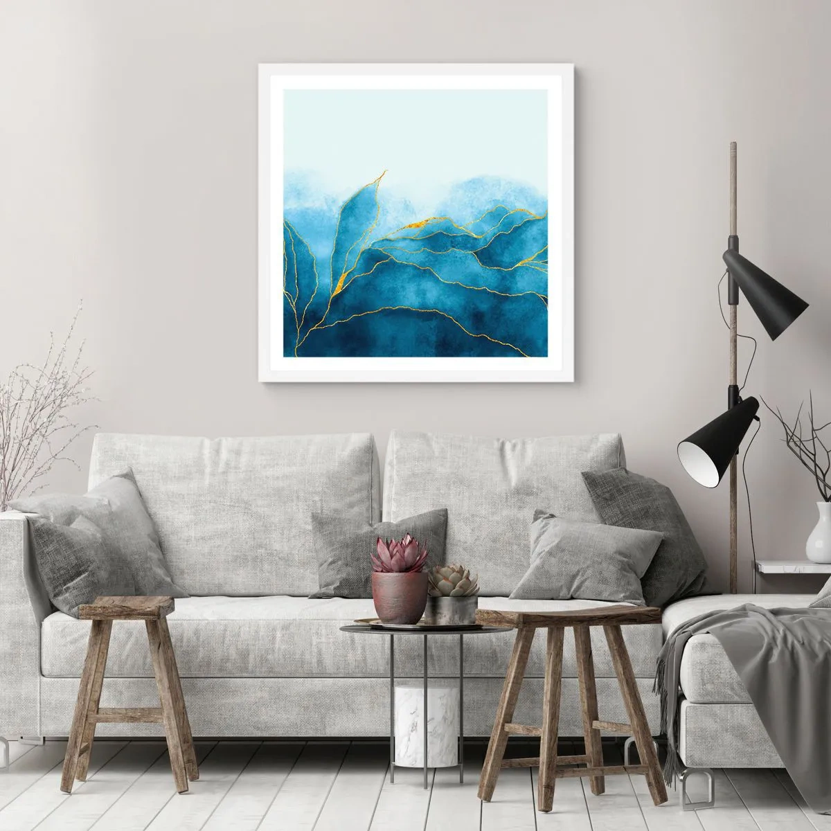 Poster in een witte lijst - Blauw in goud - 30x30 cm