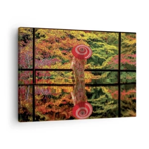 Schilderen op canvas - Een vrouw in een kimono met een paraplu tegen de achtergrond van een herfstlandschap. - 70x50cm - In de tempel van de natuur - Moderne wanddecoratie voor woonkamer en slaapkamer ARTTOR
