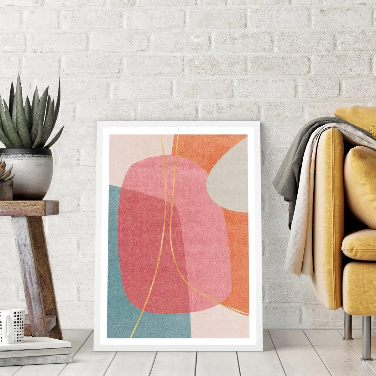 Poster in een witte lijst - Pastelkleurcompositie met gouddraad - 61x91 cm