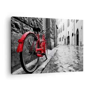 Schilderen op canvas - Rode fiets in een zwart-witte straat - 70x50cm - Echte schoonheid verveelt niet - Moderne wanddecoratie voor woonkamer en slaapkamer ARTTOR