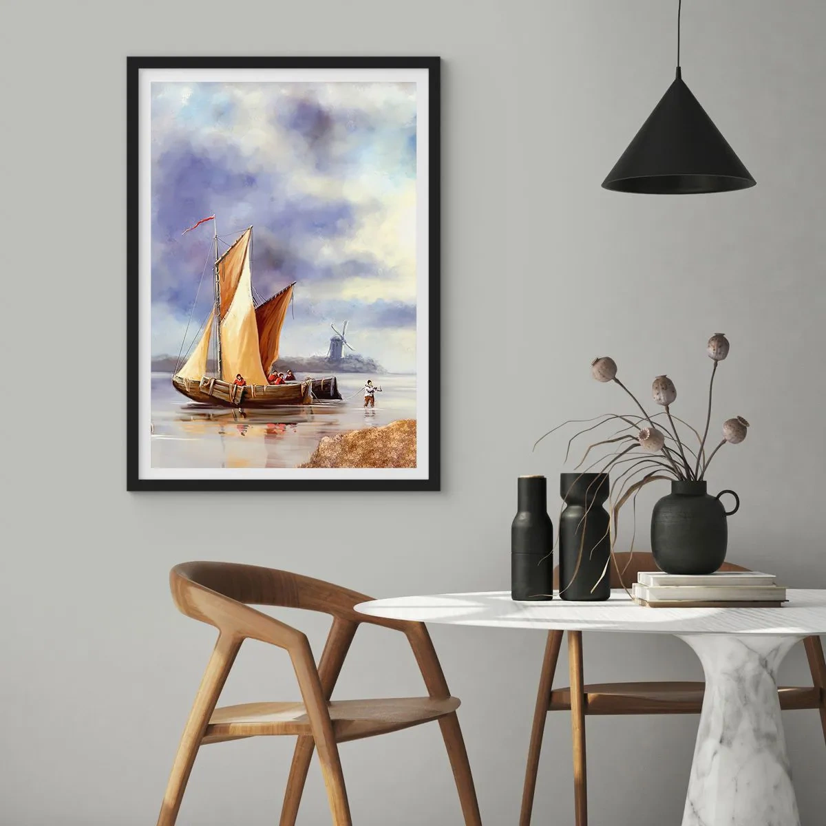 Poster in een zwarte lijst - Een zeilschip aan de kust met een windmolen op de achtergrond - 50x70cm - De terugkeer van zeelieden - Moderne wanddecoratie voor woonkamer en slaapkamer ARTTOR