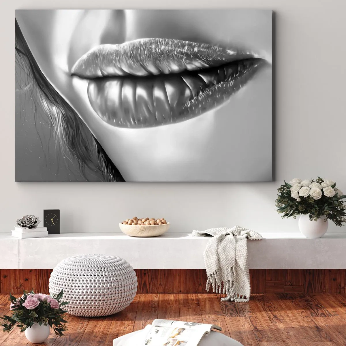 Schilderen op canvas - Zwart-witclose-up van de lippen van een vrouw met een glanzend effect en details. - 70x50cm - Ik weet waar je aan denkt... - Moderne wanddecoratie voor woonkamer en slaapkamer ARTTOR