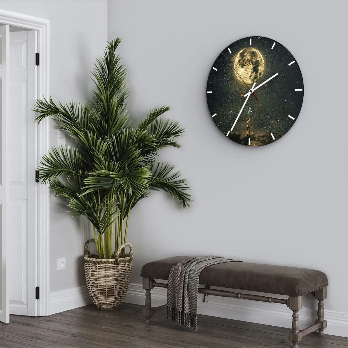 Wandklok - Klok - Een persoon op een rots die de maan tegen een sterrenhemel vastlegt - 30x30cm - Iemand die de maan heeft gestolen - Moderne wanddecoratie voor woonkamer, keuken en slaapkamer ARTTOR