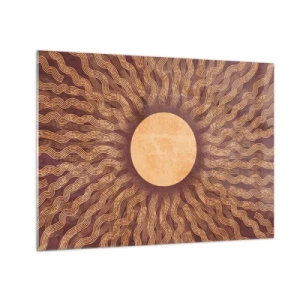 Schilderen op glas - Een gestileerde zon met stralen in de vorm van golvende lijnen op een bruine achtergrond. - 70x50cm - Zon icoon - Moderne wanddecoratie voor woonkamer en slaapkamer ARTTOR