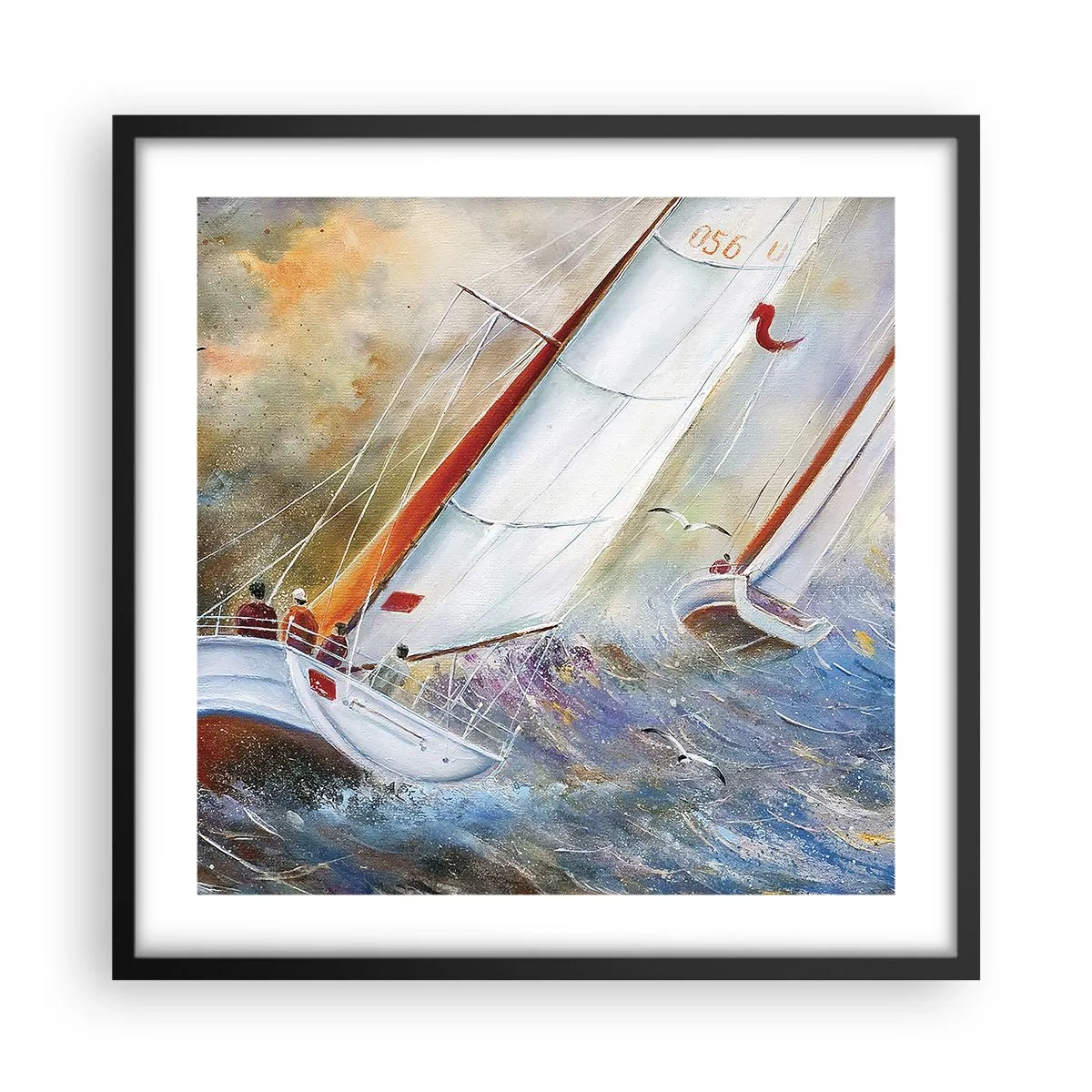 Poster in een zwarte lijst - Lopend op de golven  - 50x50 cm