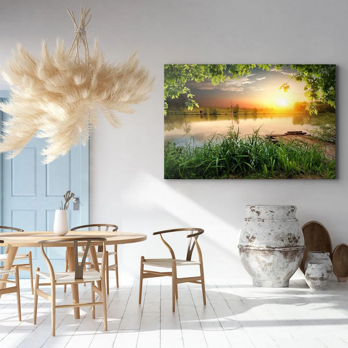 Schilderen op canvas - Groen landschap met een meer bij zonsondergang - 70x50cm - Landschap in een groen kader - Moderne wanddecoratie voor woonkamer en slaapkamer ARTTOR