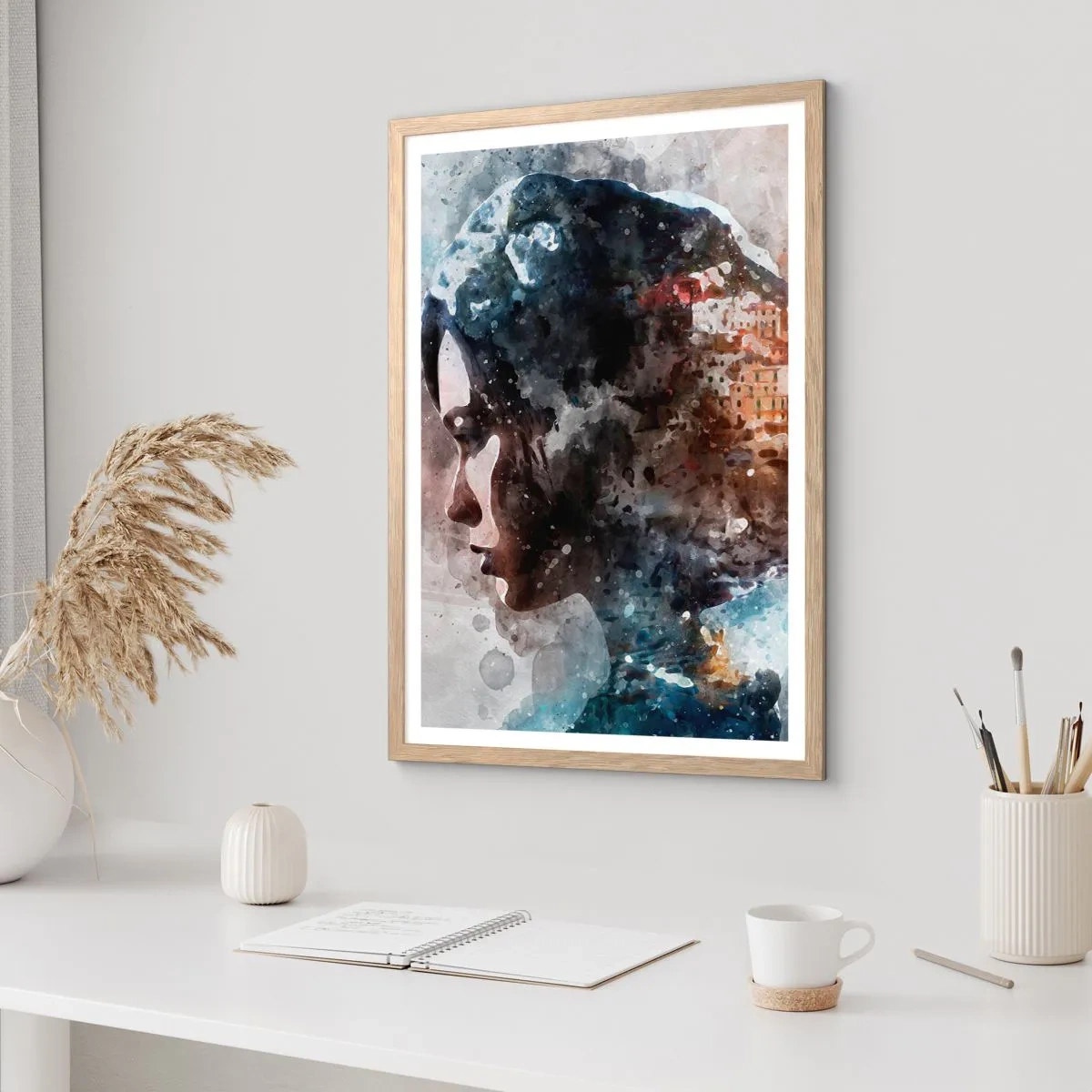 Een poster in een licht eiken lijst - Een verhaal over een meisje met een stad op de achtergrond - 40x50 cm