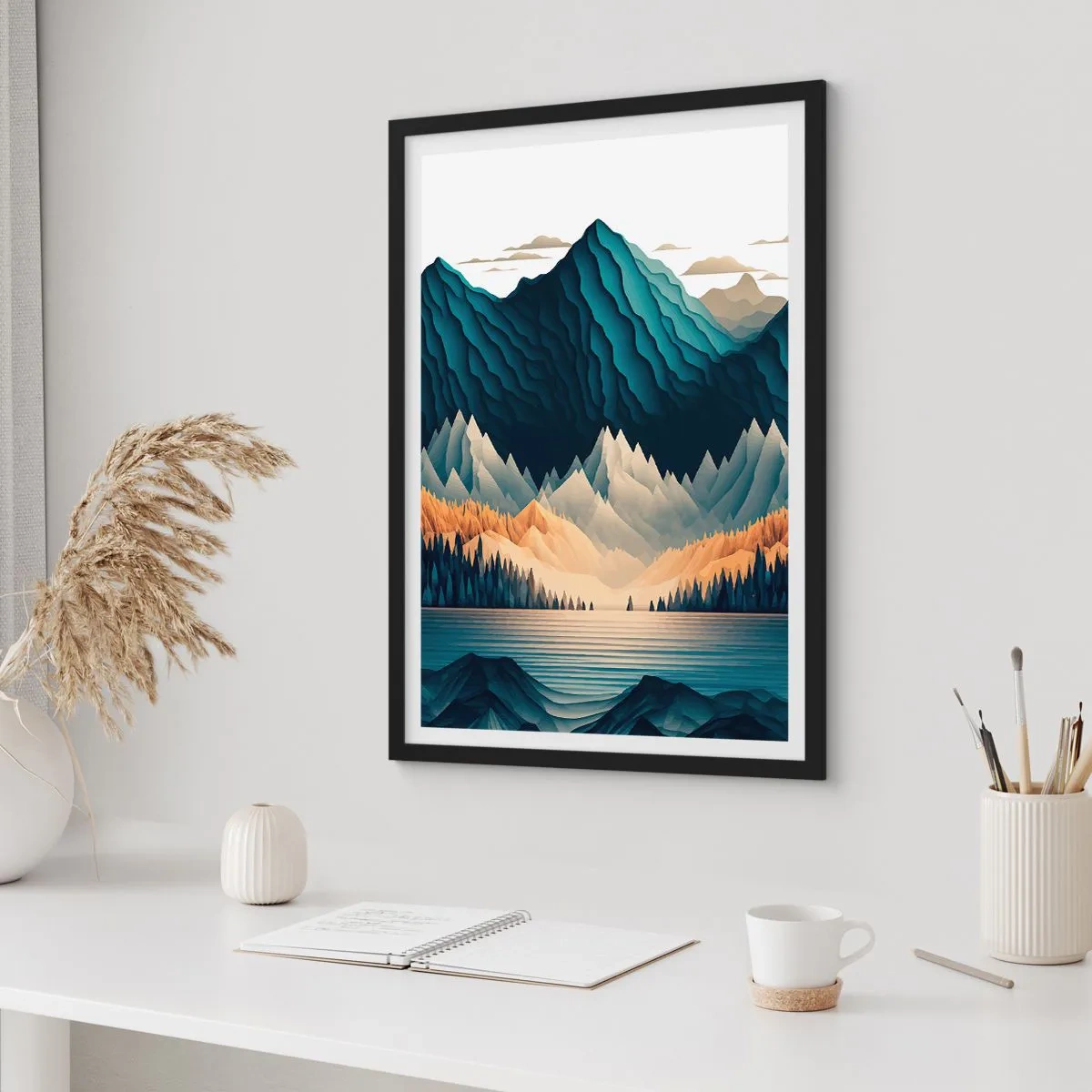 Poster in een zwarte lijst - Gestileerd berglandschap met een meer in blauwtinten - 50x70cm - Perfect berglandschap - Moderne wanddecoratie voor woonkamer en slaapkamer ARTTOR