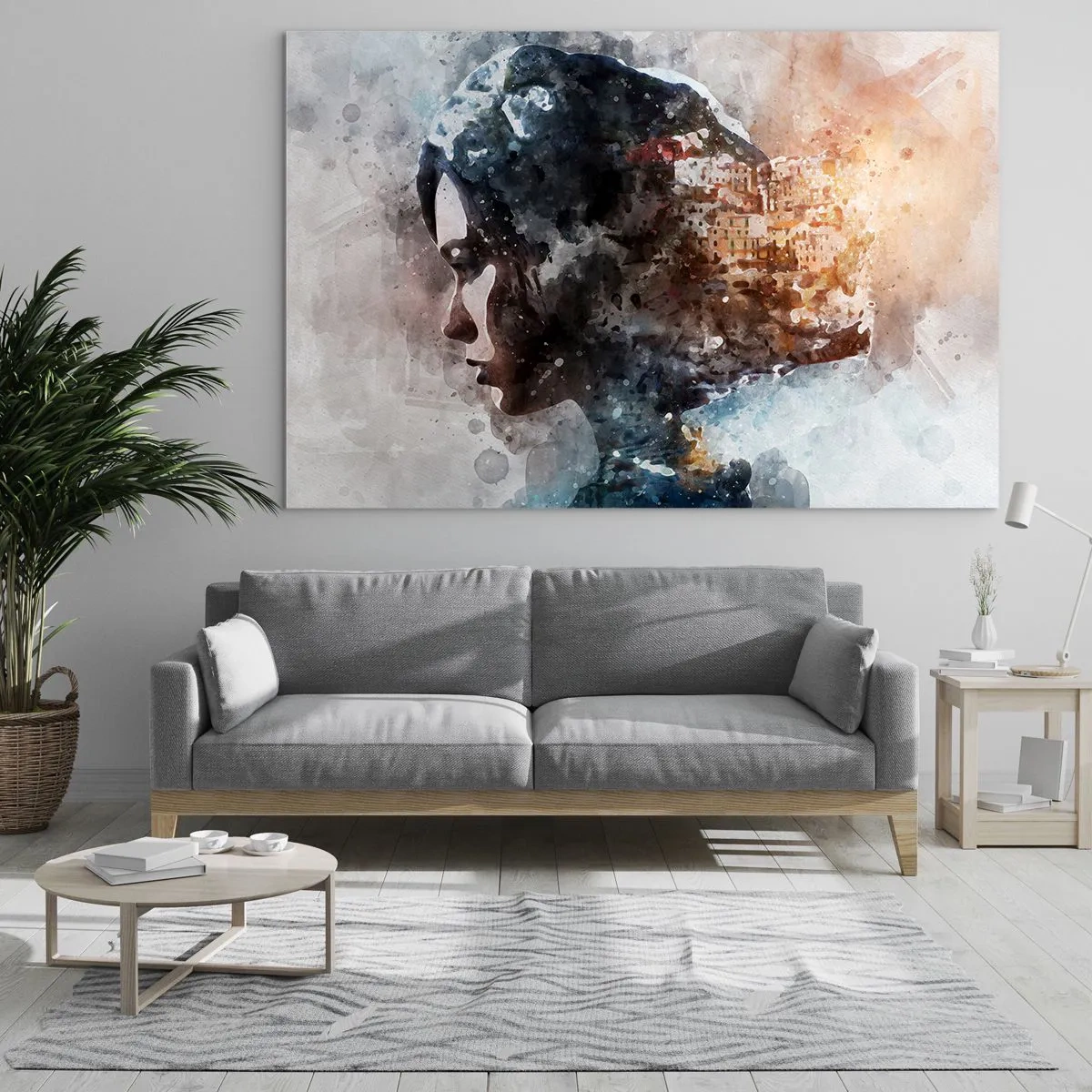 Schilderen op glas - Een verhaal over een meisje met een stad op de achtergrond - 120x80 cm