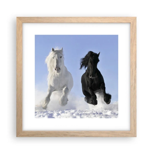 Een poster in een licht eiken lijst - Zwart-wit galop - 30x30 cm