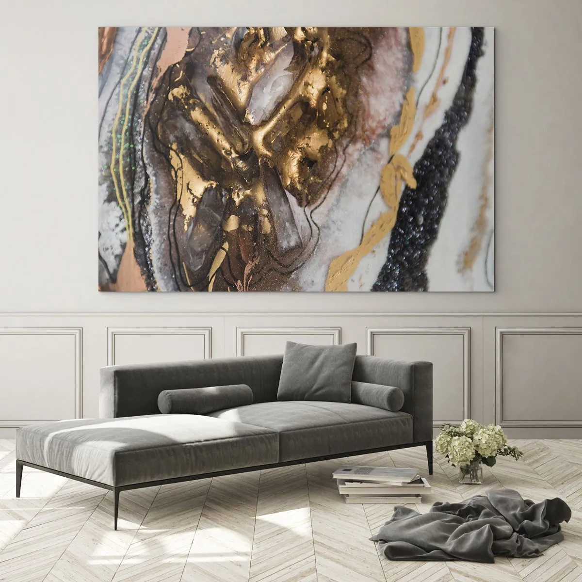 Schilderen op glas - Een abstract schilderij in tinten goud, bruin en wit met een minerale textuur. - 70x50cm - Het element aarde - Moderne wanddecoratie voor woonkamer en slaapkamer ARTTOR