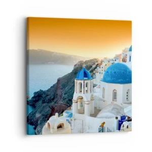 Schilderen op canvas - Santorini - genesteld tegen de rotsen - 30x30 cm