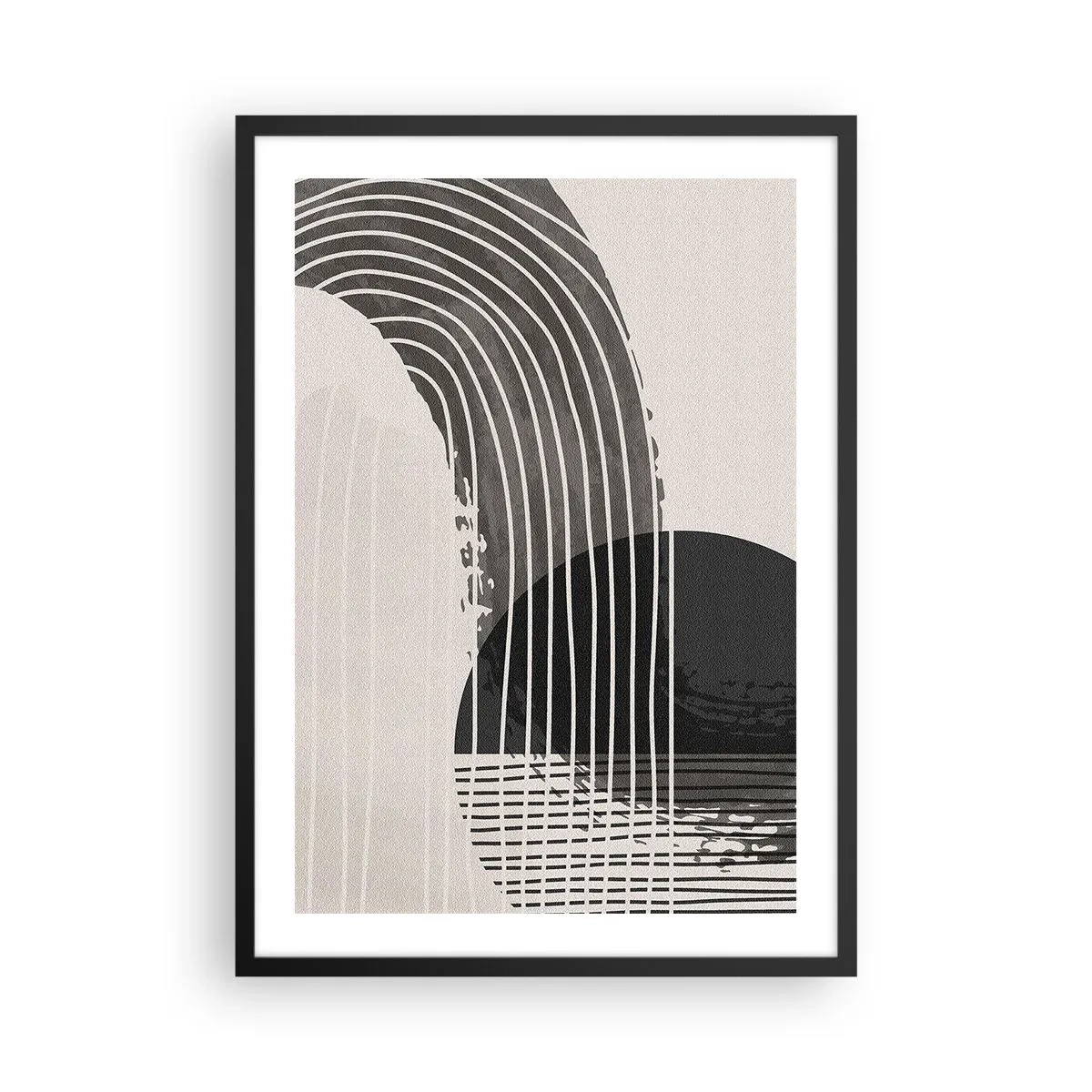 Poster in een zwarte lijst - Minimalistische abstractie in zwart-wit - 50x70cm - Daar en terug - Moderne wanddecoratie voor woonkamer en slaapkamer ARTTOR