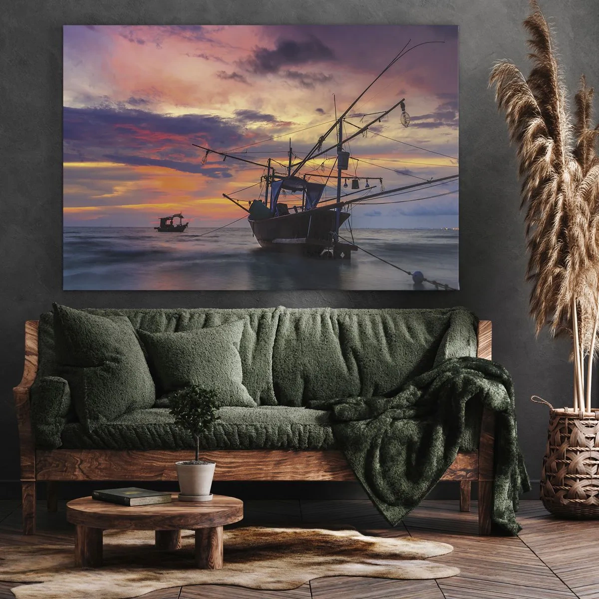 Schilderen op canvas - Een vissersboot tegen de achtergrond van een kleurrijke zonsondergang - 70x50cm - Exotische avond - Moderne wanddecoratie voor woonkamer en slaapkamer ARTTOR