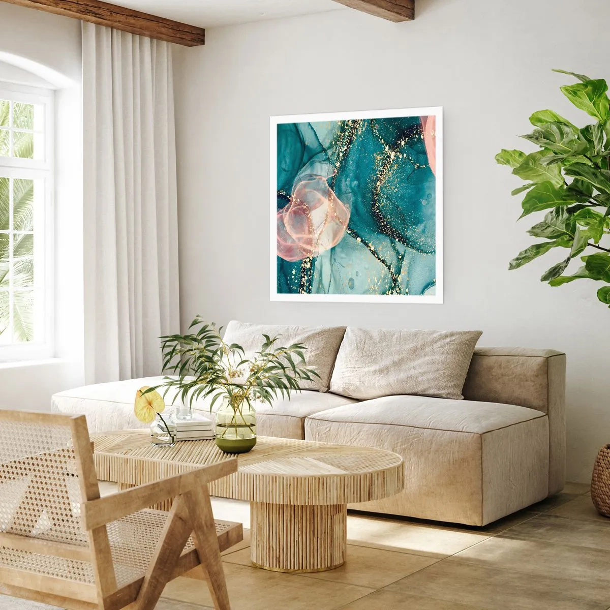 Poster - Zijdeblauw, tule roze - 50x50 cm