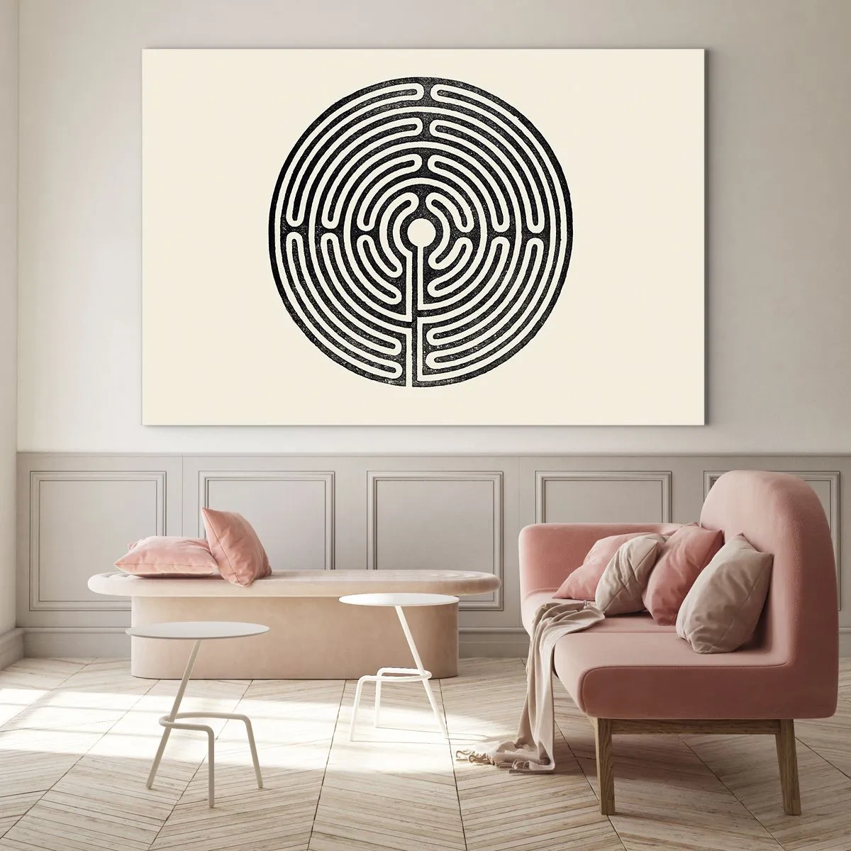 Schilderen op glas - Een zwart-wit doolhof in een ronde vorm op een lichte achtergrond. - 70x50cm - Mysterieuze orde - Moderne wanddecoratie voor woonkamer en slaapkamer ARTTOR
