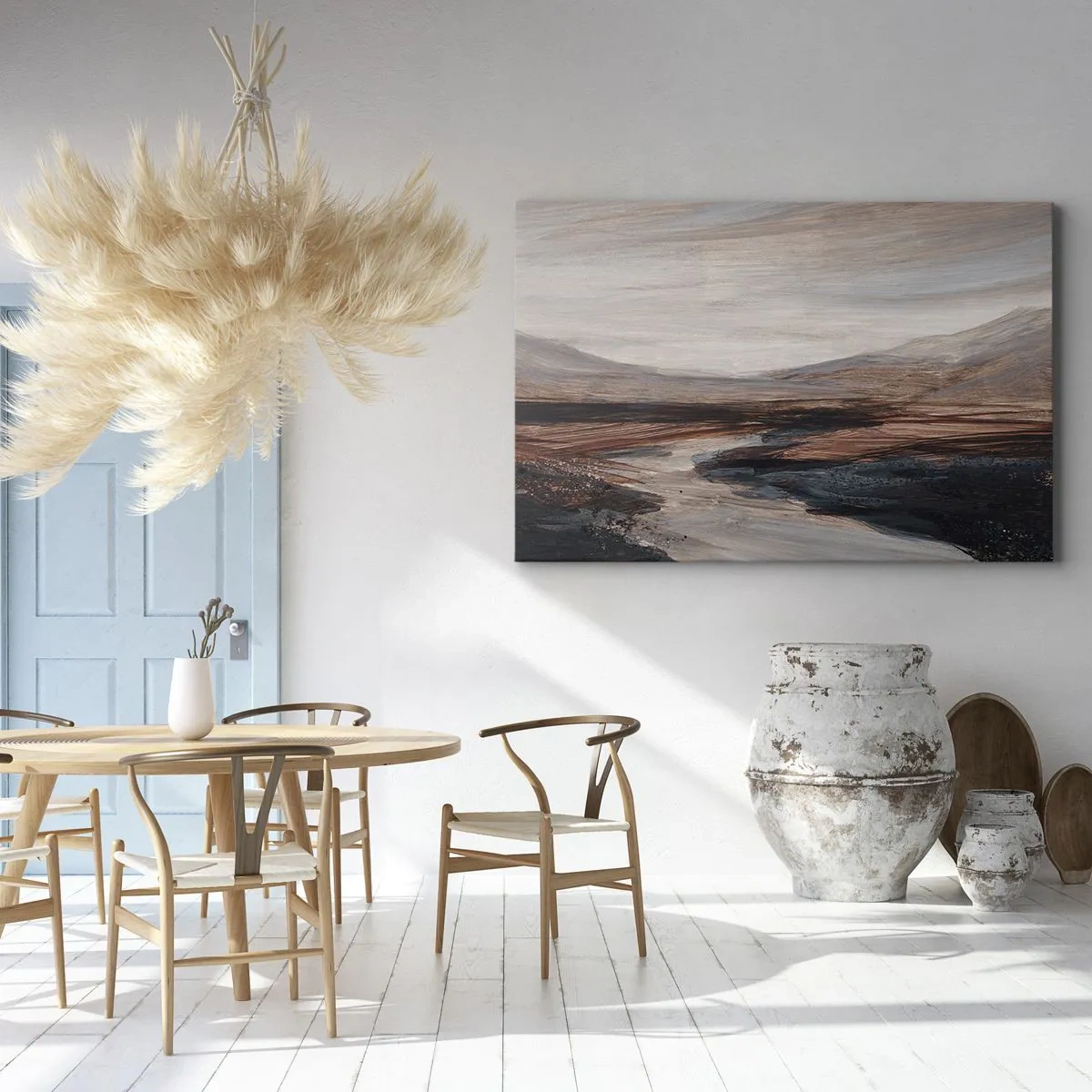 Schilderen op canvas - Een schilderachtig landschap met een rivier en bergen - 70x50cm - Een rustige vallei - Moderne wanddecoratie voor woonkamer en slaapkamer ARTTOR