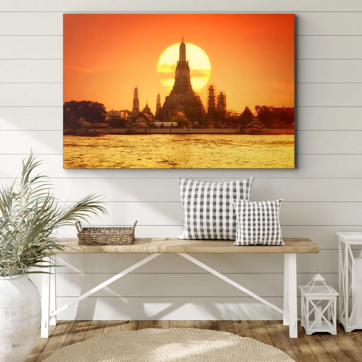 Schilderen op canvas - Zonsondergang boven de tempel met weerspiegeling in het water - 70x50cm - Naar de zon, altijd naar de zon toe - Moderne wanddecoratie voor woonkamer en slaapkamer ARTTOR