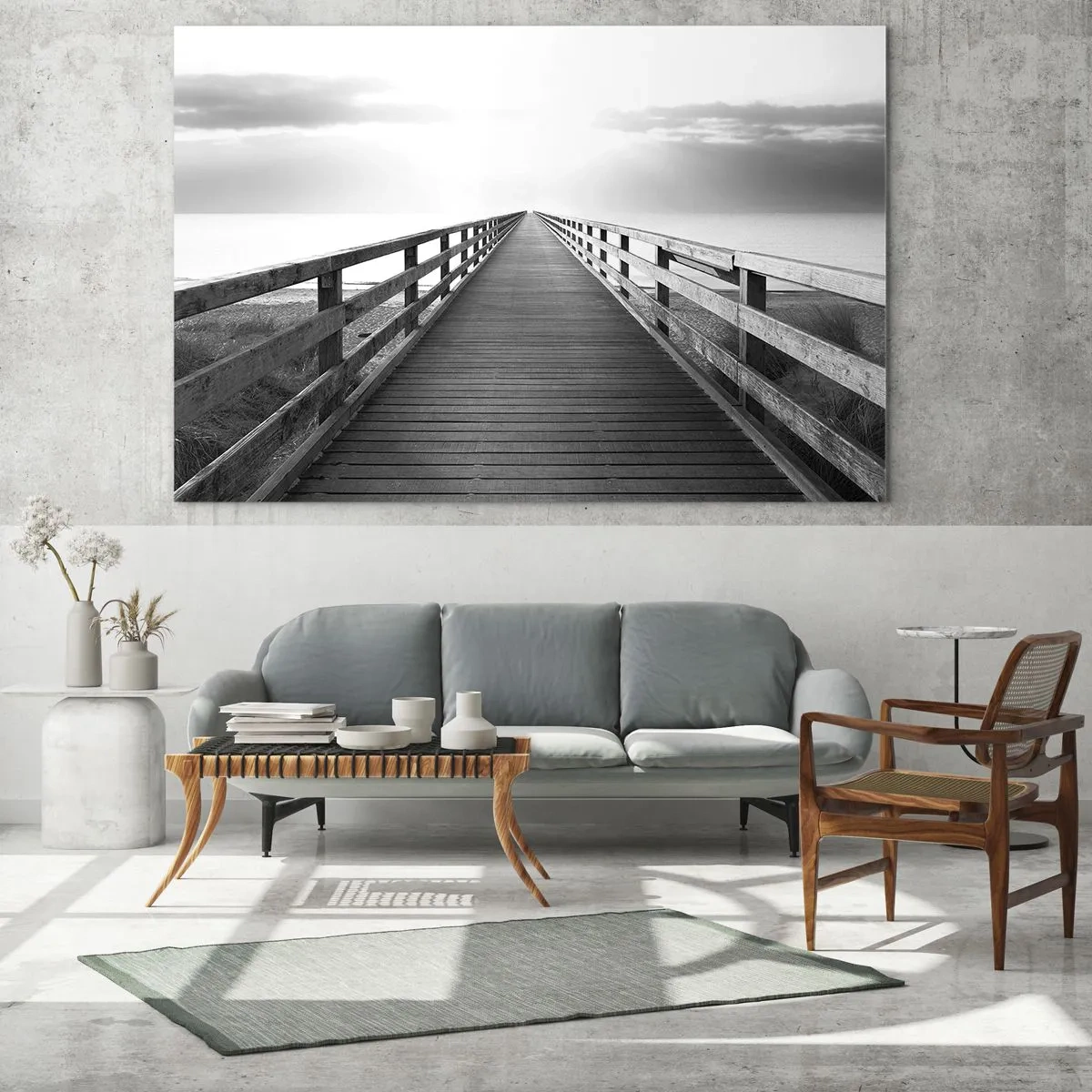 Schilderen op glas - Een houten brug die naar de horizon leidt in zwart-wit - 70x50cm - In de verte ... - Moderne wanddecoratie voor woonkamer en slaapkamer ARTTOR
