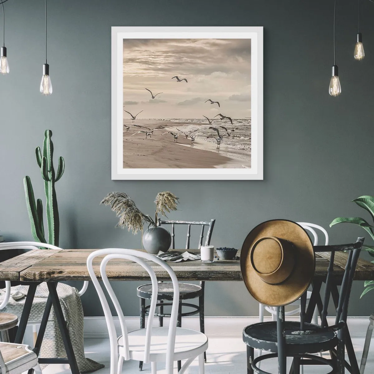 Poster in een witte lijst - Het geluid van de zee, het zingen van vogels - 30x30 cm