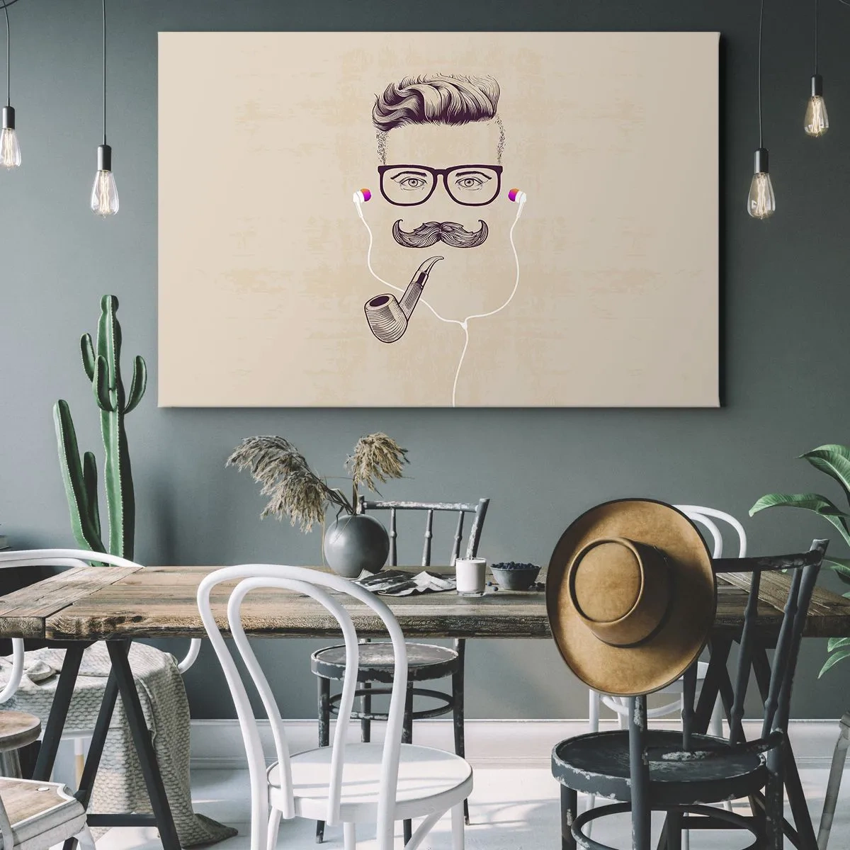 Schilderen op canvas - Retroportret van een man met pijp, koptelefoon en bril - 70x50cm - Een echte man? - Moderne wanddecoratie voor woonkamer en slaapkamer ARTTOR