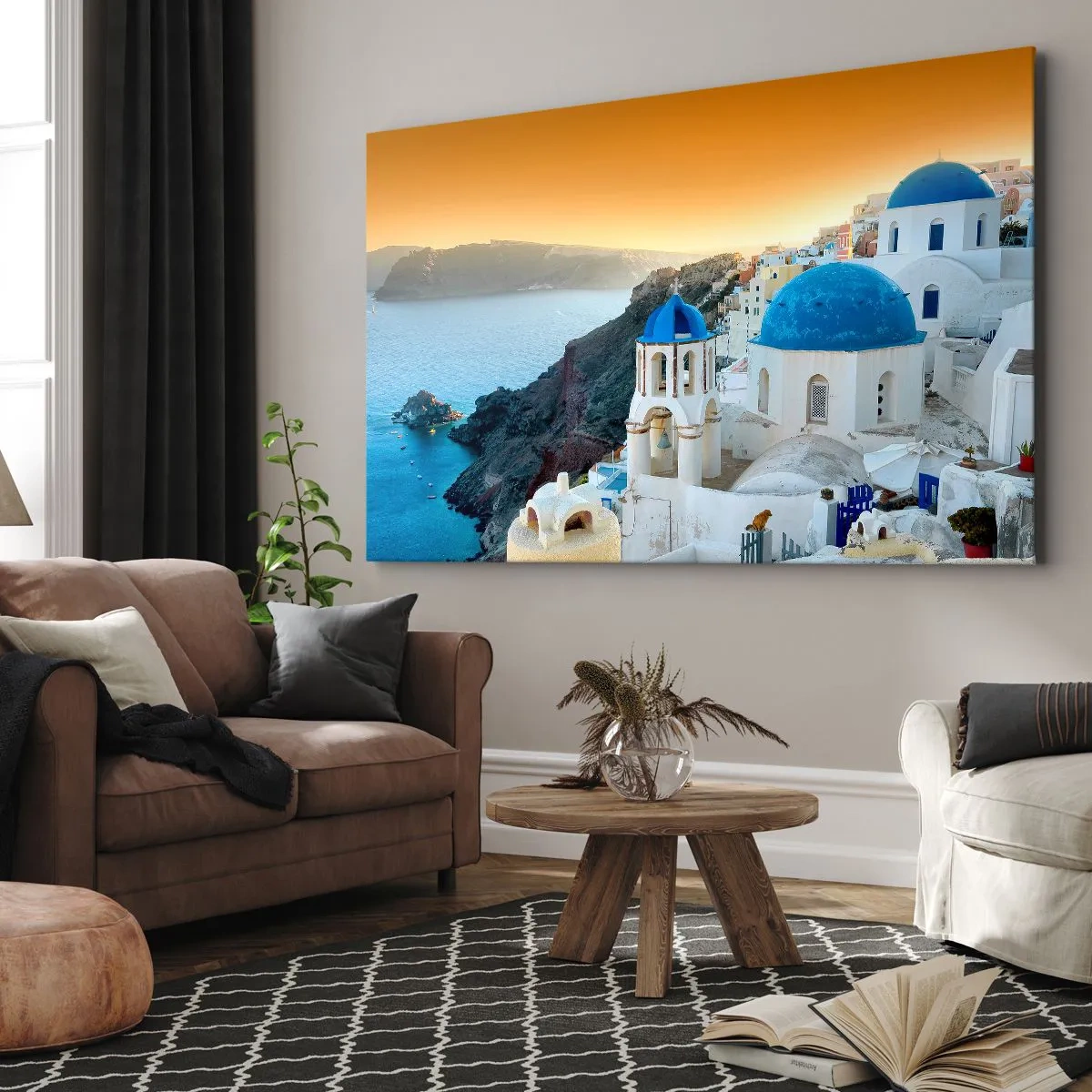 Schilderen op canvas - Uitzicht op Santorini met witte gebouwen en blauwe zee - 70x50cm - Santorini - genesteld tegen de rotsen - Moderne wanddecoratie voor woonkamer en slaapkamer ARTTOR