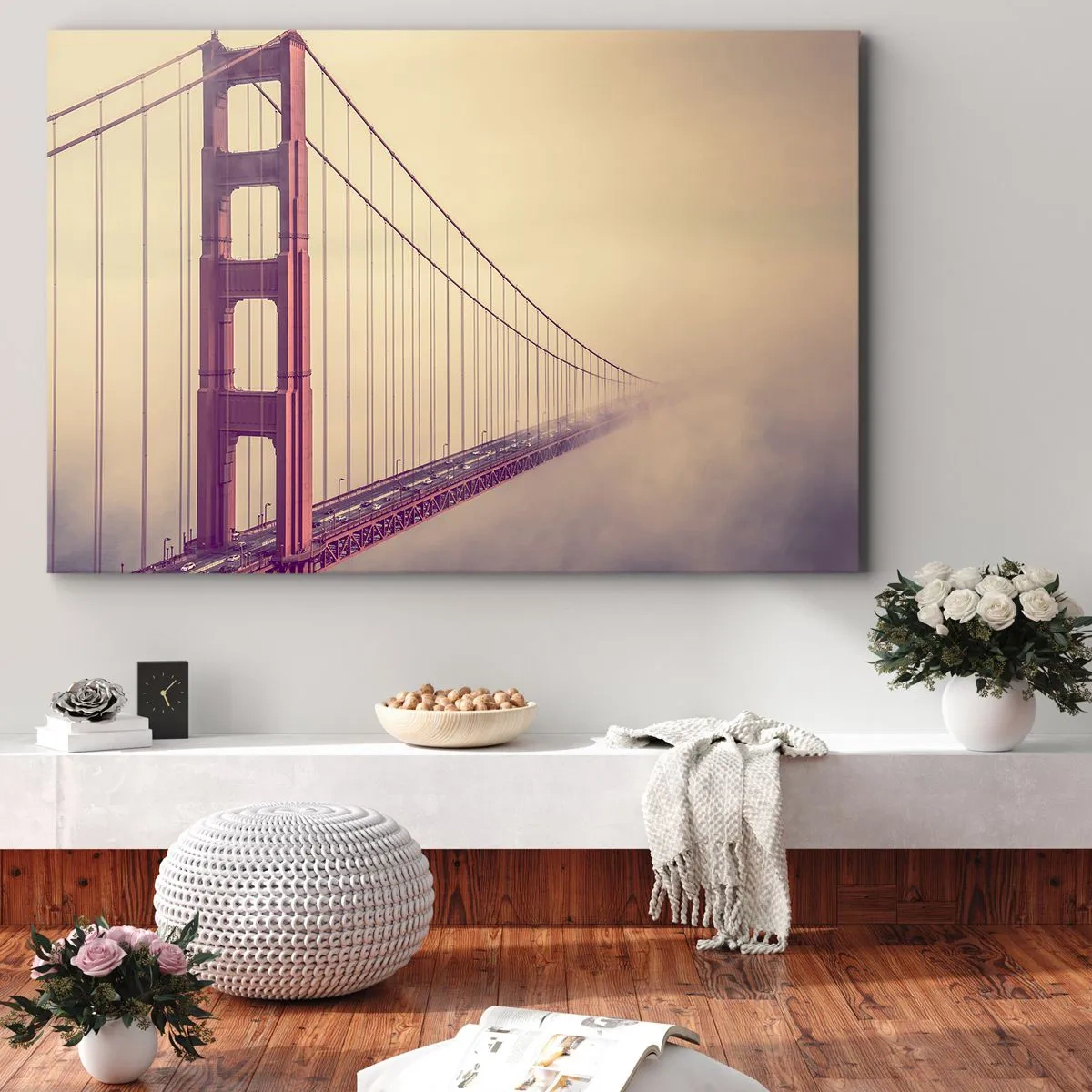 Schilderen op canvas - Een brug in de mist in pasteltinten, een symbool van elegantie en vrede - 70x50cm - Tussen hemel en aarde - Moderne wanddecoratie voor woonkamer en slaapkamer ARTTOR