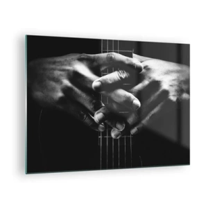 Schilderen op glas - Gevouwen handen rustend op de gitaarhals in zwart-wit - 70x50cm - Gebed van de kunstenaar - Moderne wanddecoratie voor woonkamer en slaapkamer ARTTOR