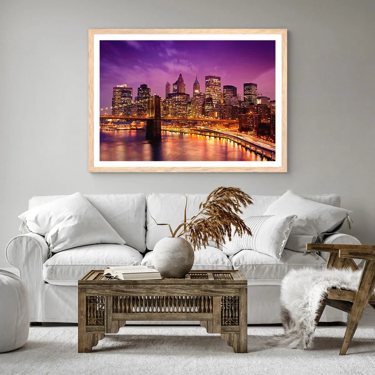 Een poster in een licht eiken lijst - Violet-goud Manhattan - 100x70 cm