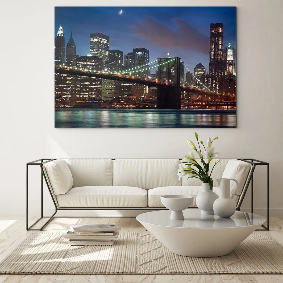 Schilderen op glas - Panorama van de stad met de brug verlicht door nachtverlichting - 70x50cm - Gloeiende nacht - Moderne wanddecoratie voor woonkamer en slaapkamer ARTTOR