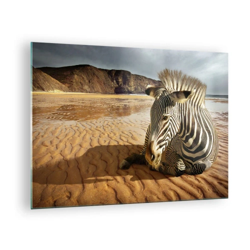 Schilderen op glas - Een zebra rust op het strand bij zonsondergang - 70x50cm - Wij passen bij elkaar - Moderne wanddecoratie voor woonkamer en slaapkamer ARTTOR