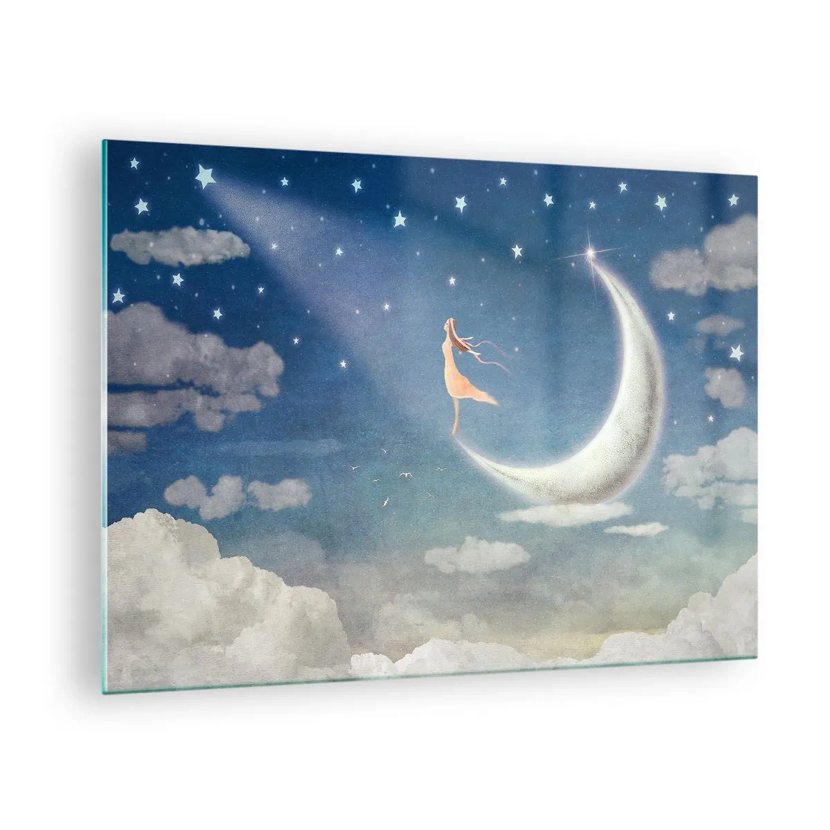 Schilderen op glas - Een vrouw in een lange jurk staat op de maan aan de sterrenhemel. - 70x50cm - Blauwe verleidster - Moderne wanddecoratie voor woonkamer en slaapkamer ARTTOR