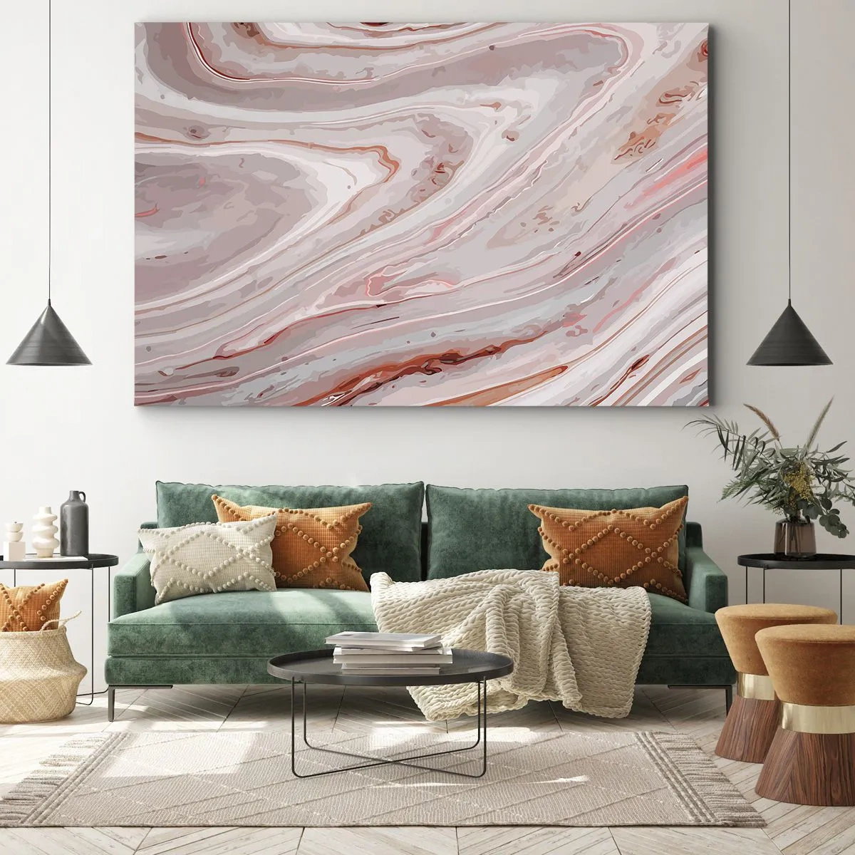 Schilderen op canvas - Abstracte golven in delicate tinten roze en beige - 70x50cm - Roze vloeistof - Moderne wanddecoratie voor woonkamer en slaapkamer ARTTOR